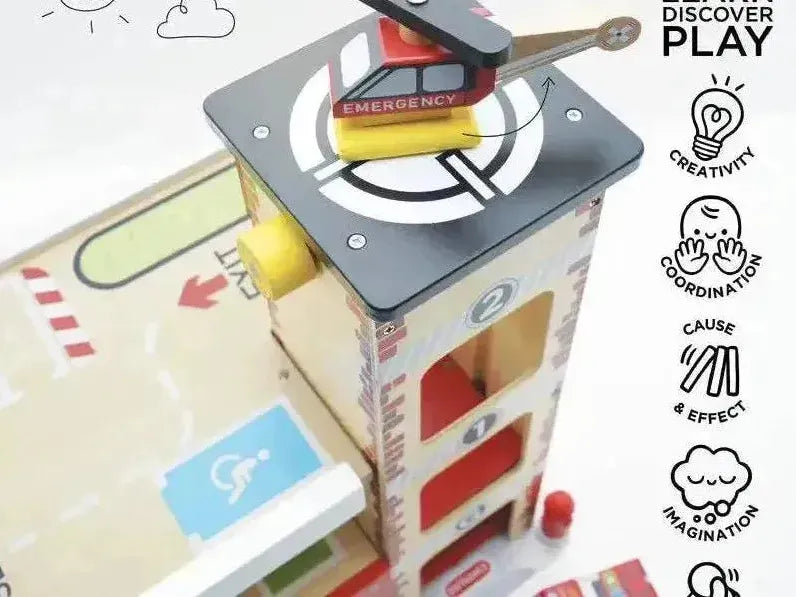 Wooden fire station toy.