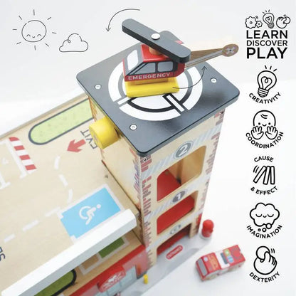 Wooden fire station toy.