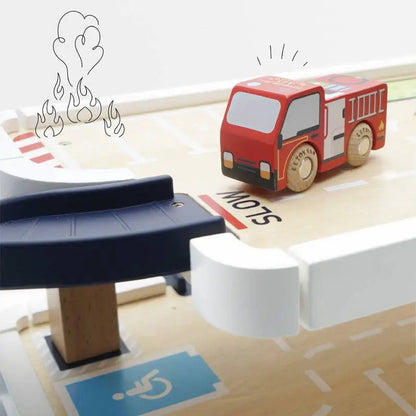 Red wooden toy fire truck.