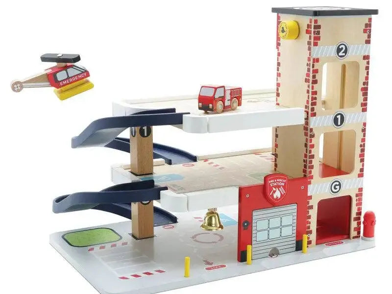 Wooden fire station toy.