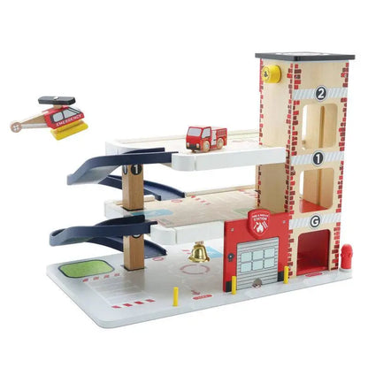 Wooden fire station toy.