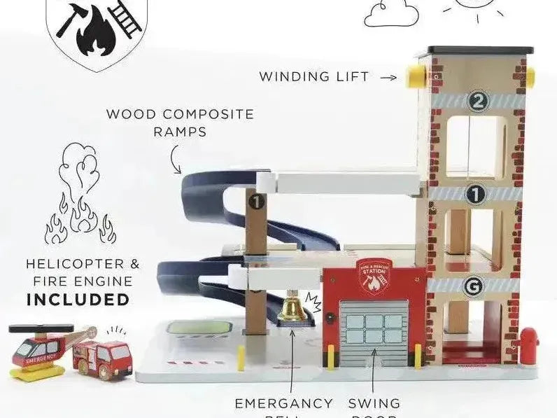 Wooden fire and rescue station toy.