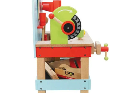 Colorful wooden toy workbench.