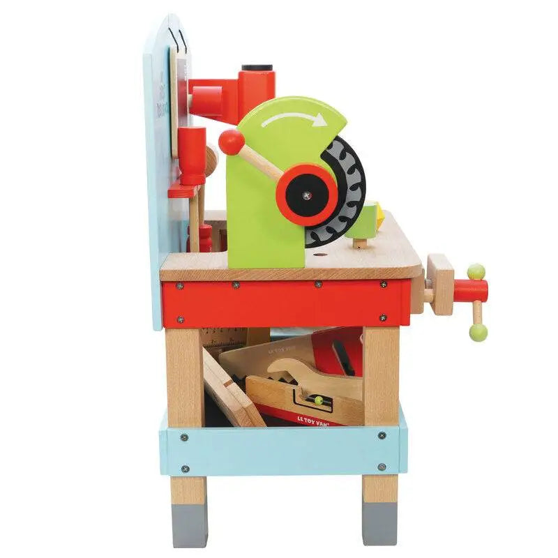 Colorful wooden toy workbench.
