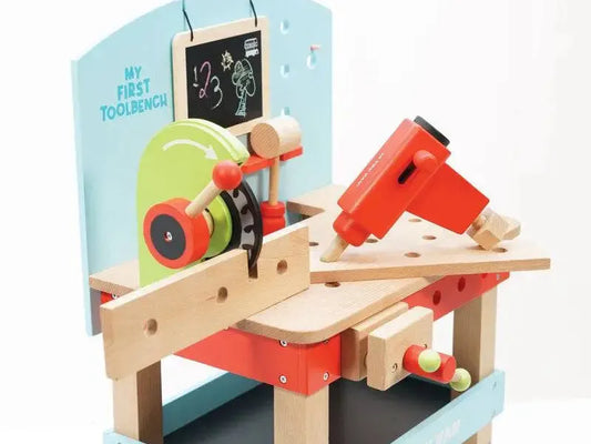 Colorful wooden toy workbench.
