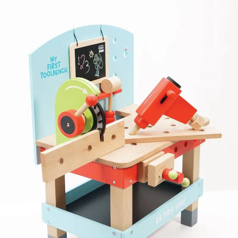 Colorful wooden toy workbench.