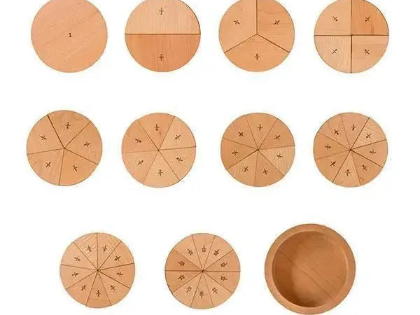 Circular wooden fraction teaching aids divided into various equal parts.