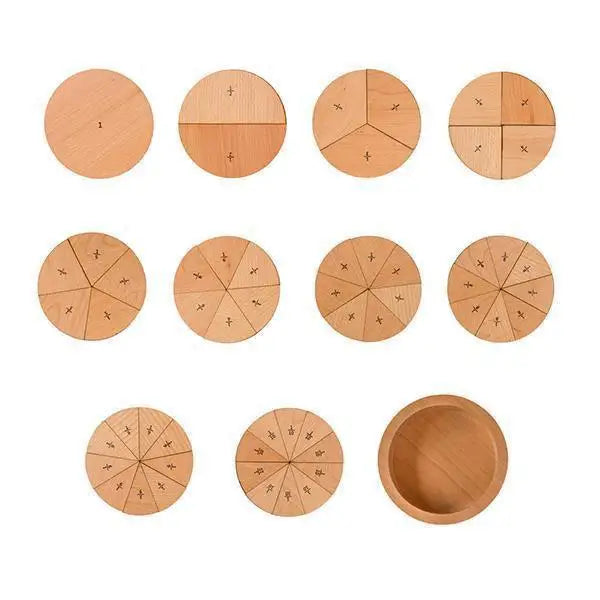 Circular wooden fraction teaching aids divided into various equal parts.