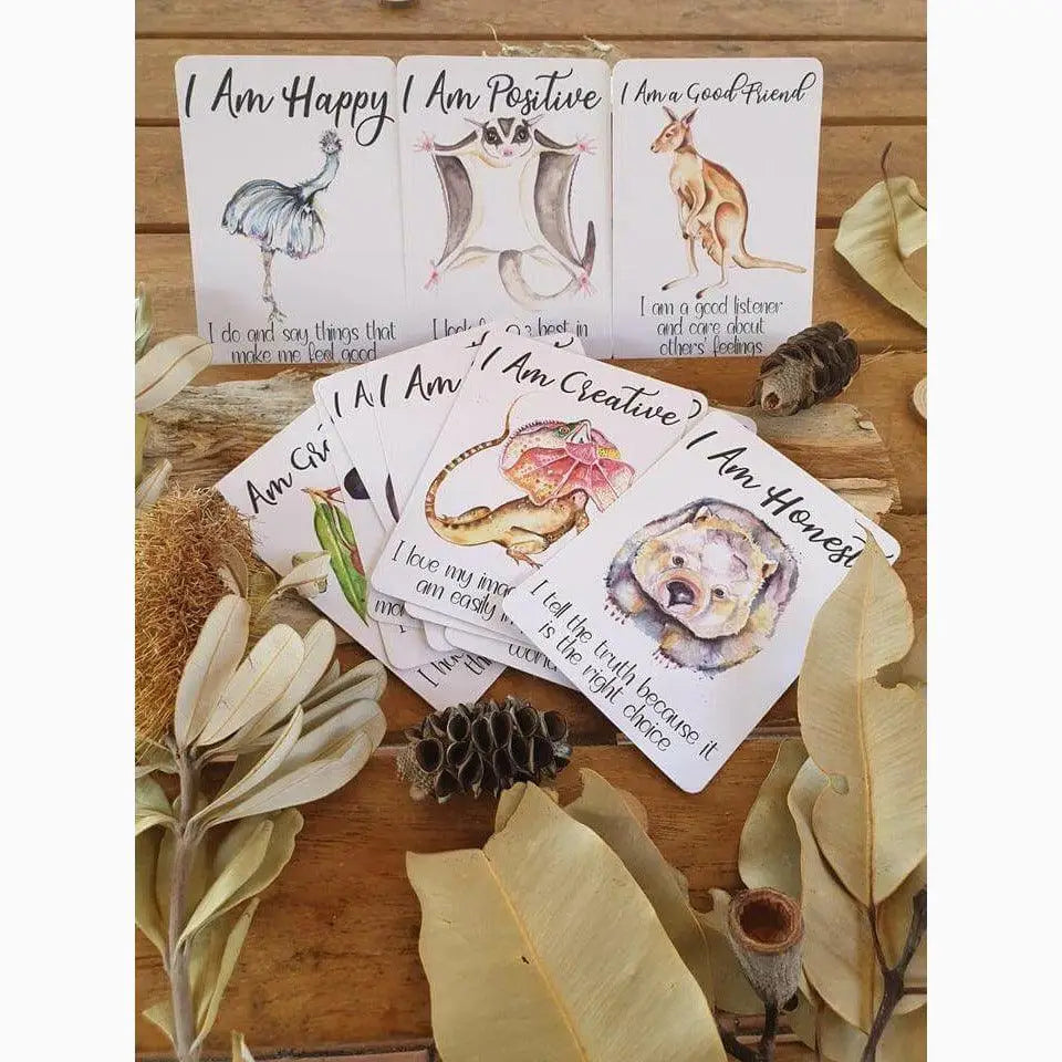 Set of inspirational cards featuring animal illustrations and positive affirmations.