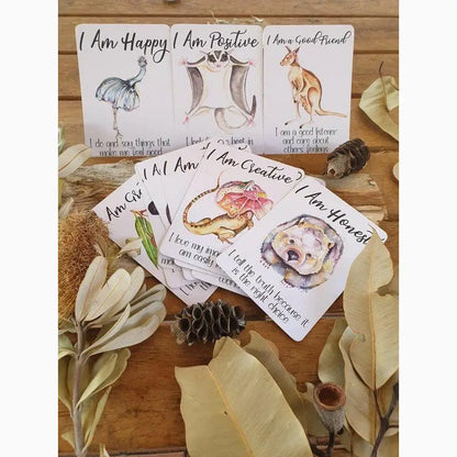 Set of inspirational cards featuring animal illustrations and positive affirmations.