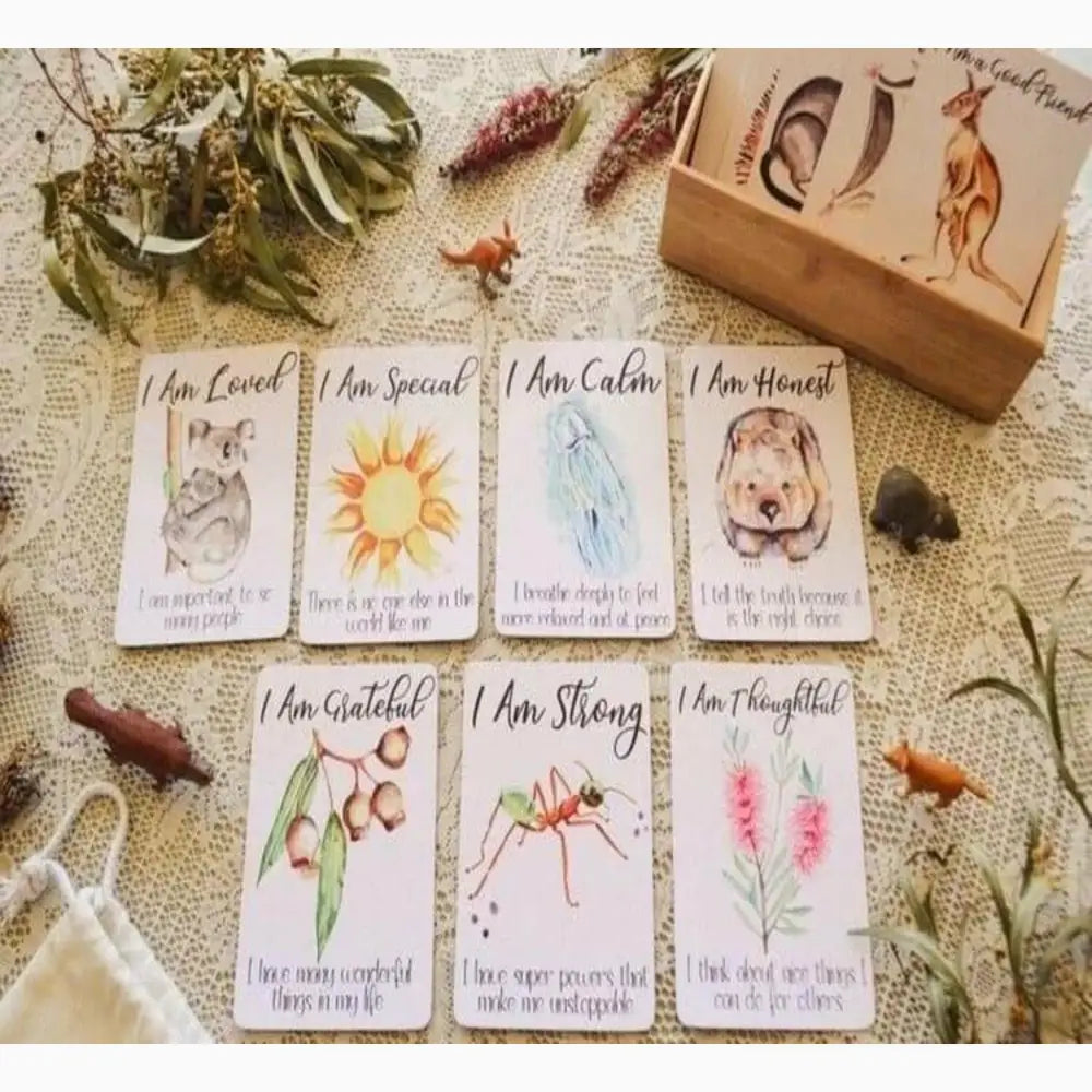 Set of affirmation cards with animal illustrations and positive messages.