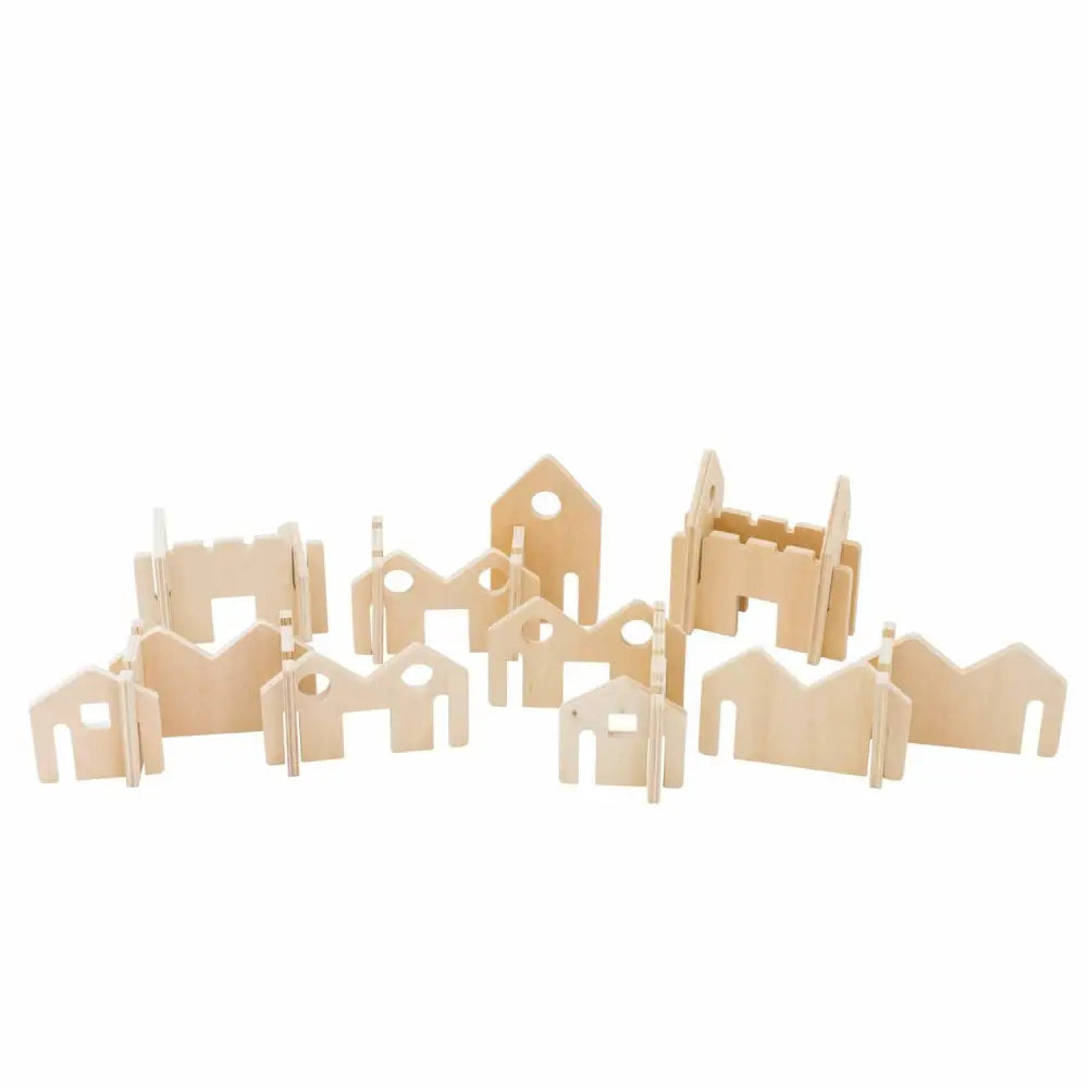 Set of wooden building blocks in various architectural shapes.