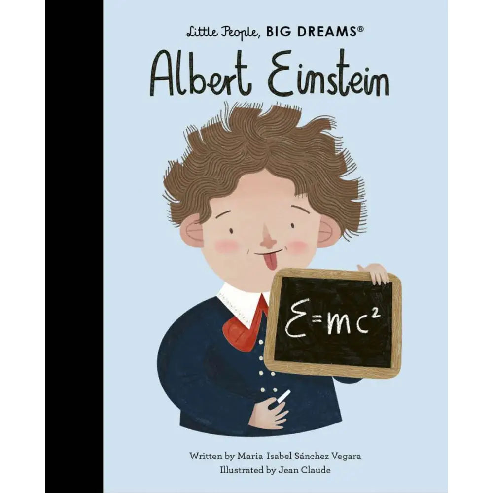 Book cover featuring a cartoon illustration of a man with wild hair holding a chalkboard with the equation E=mc².