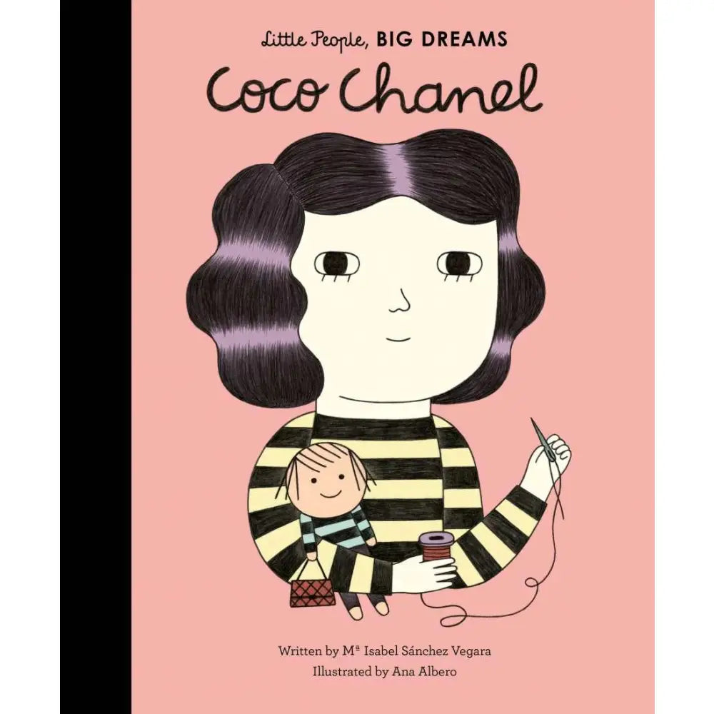 Book cover featuring a stylized illustration of a woman with black hair wearing a striped shirt and holding a small doll.