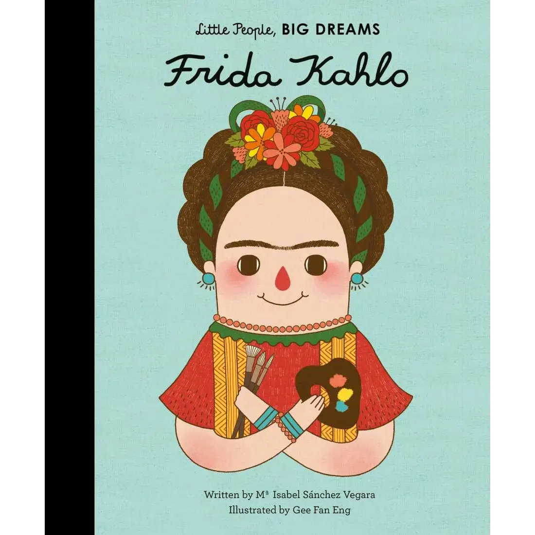 Book cover featuring a stylized illustration of Frida Kahlo with colorful floral headdress and red shawl.