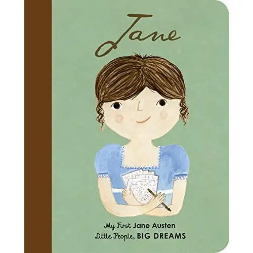 Illustrated book cover featuring a cartoon drawing of a young girl in a blue dress holding papers.