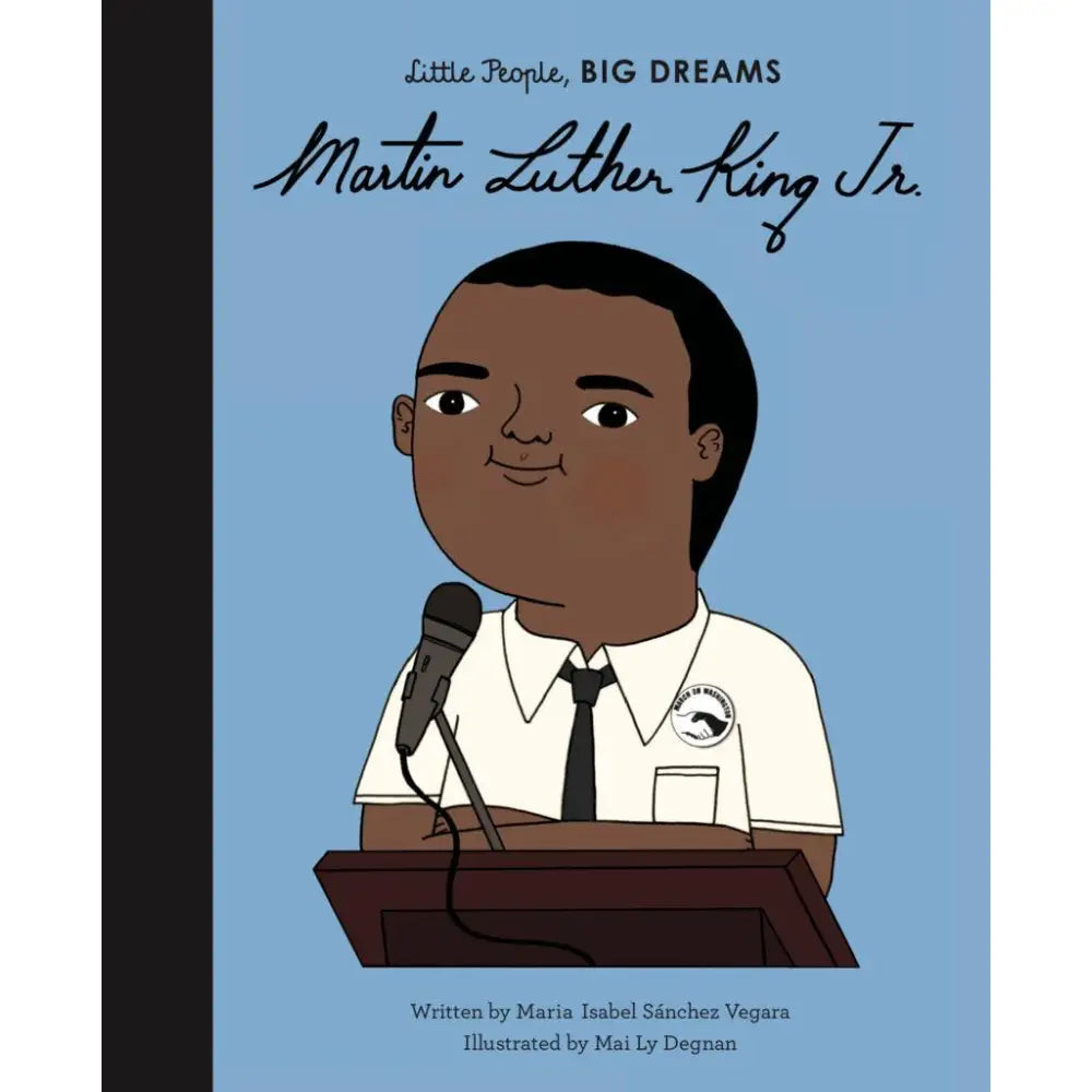 Illustrated book cover featuring a cartoon portrait of a young African American boy at a podium with a microphone.