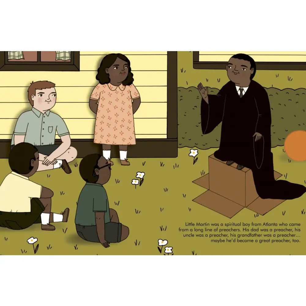 Illustration depicting a scene from the Civil Rights era with children and an adult figure.