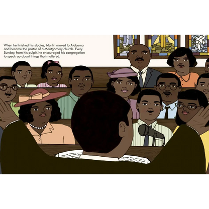 Illustration of a diverse group of African American people gathered together, with text above describing a church scene.