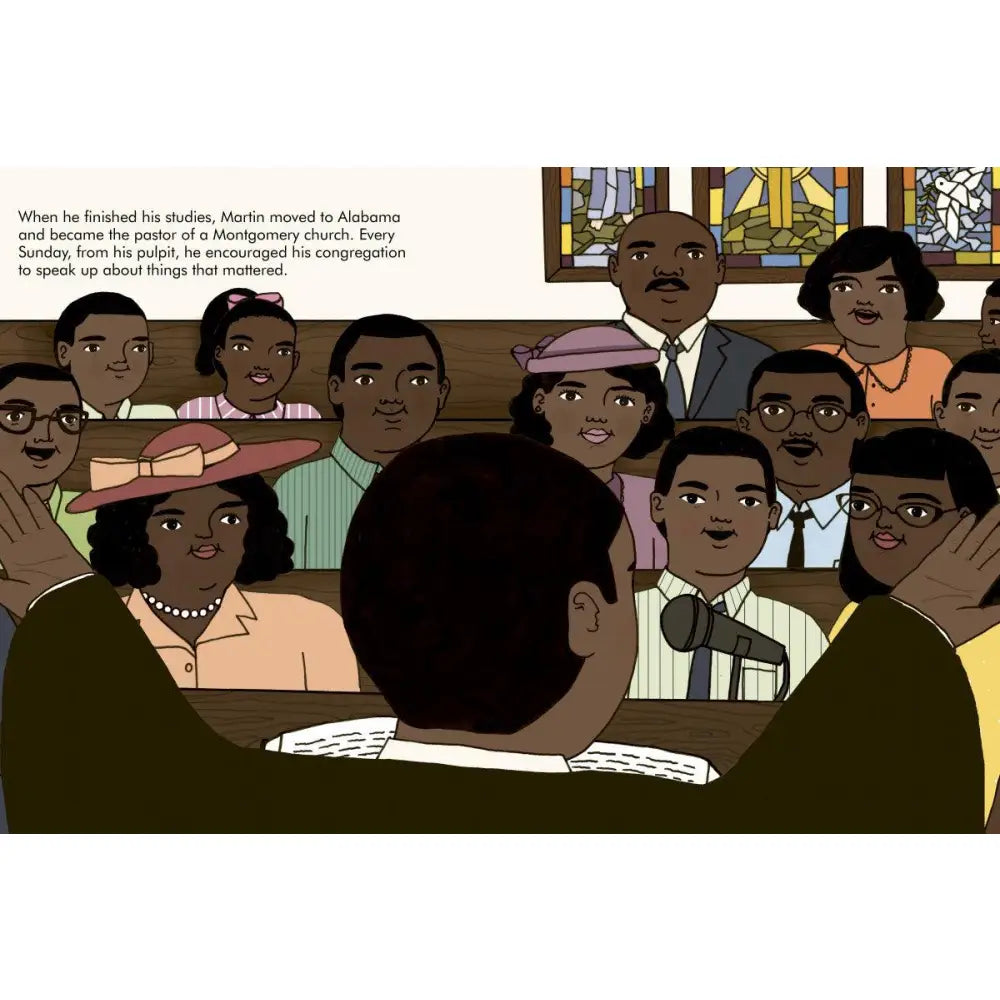 Illustration of a diverse group of African American people gathered together, with text above describing a church scene.