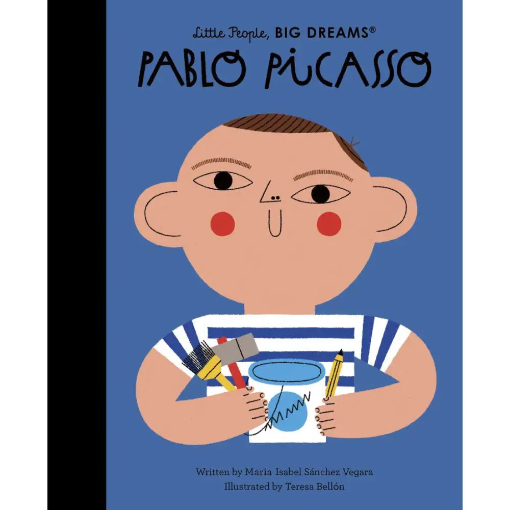 Book cover featuring a stylized illustration of a person wearing a striped shirt and holding art supplies.