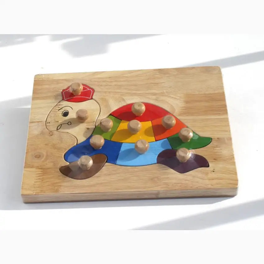 Wooden turtle puzzle with knobs.