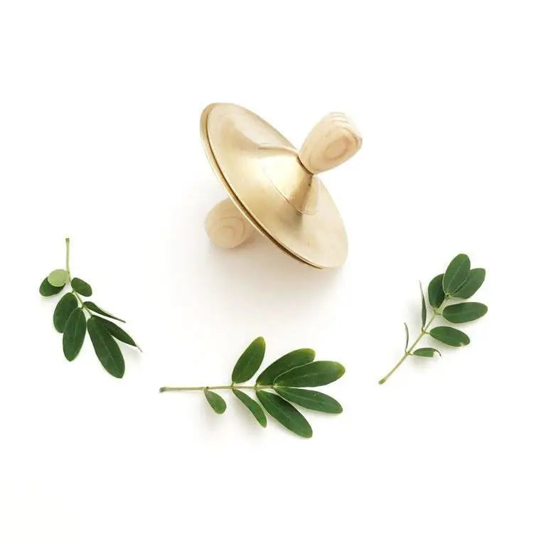 Golden spinning top with a rounded shape and smooth surface.