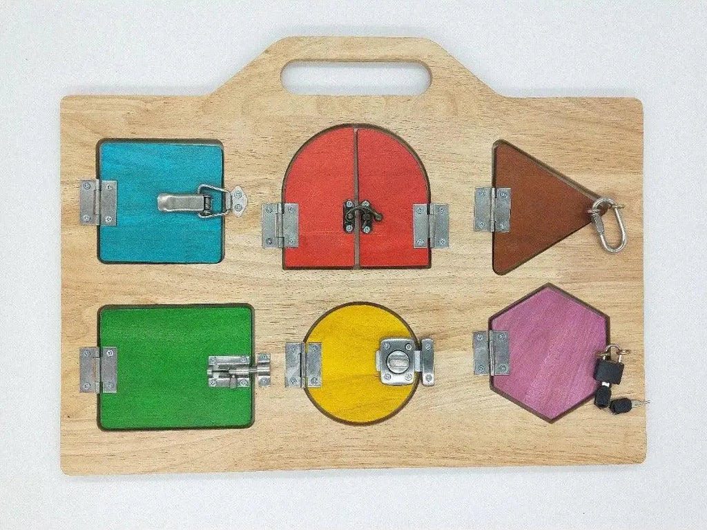 Wooden board with colorful geometric shapes featuring different latches and locks.