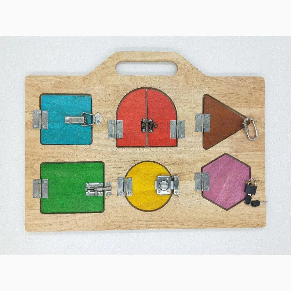 Wooden board with colorful geometric shapes featuring different latches and locks.