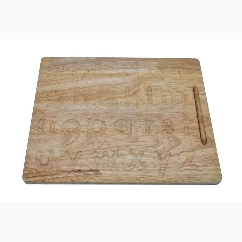 Wooden cutting board with engraved letters and numbers.