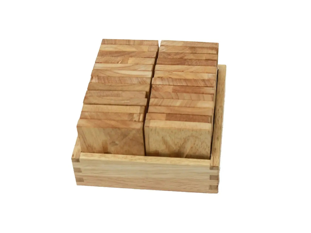 Wooden box filled with rectangular wooden blocks.