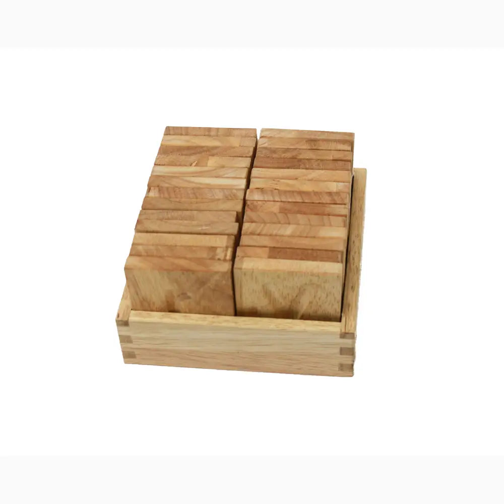 Wooden box filled with rectangular wooden blocks.