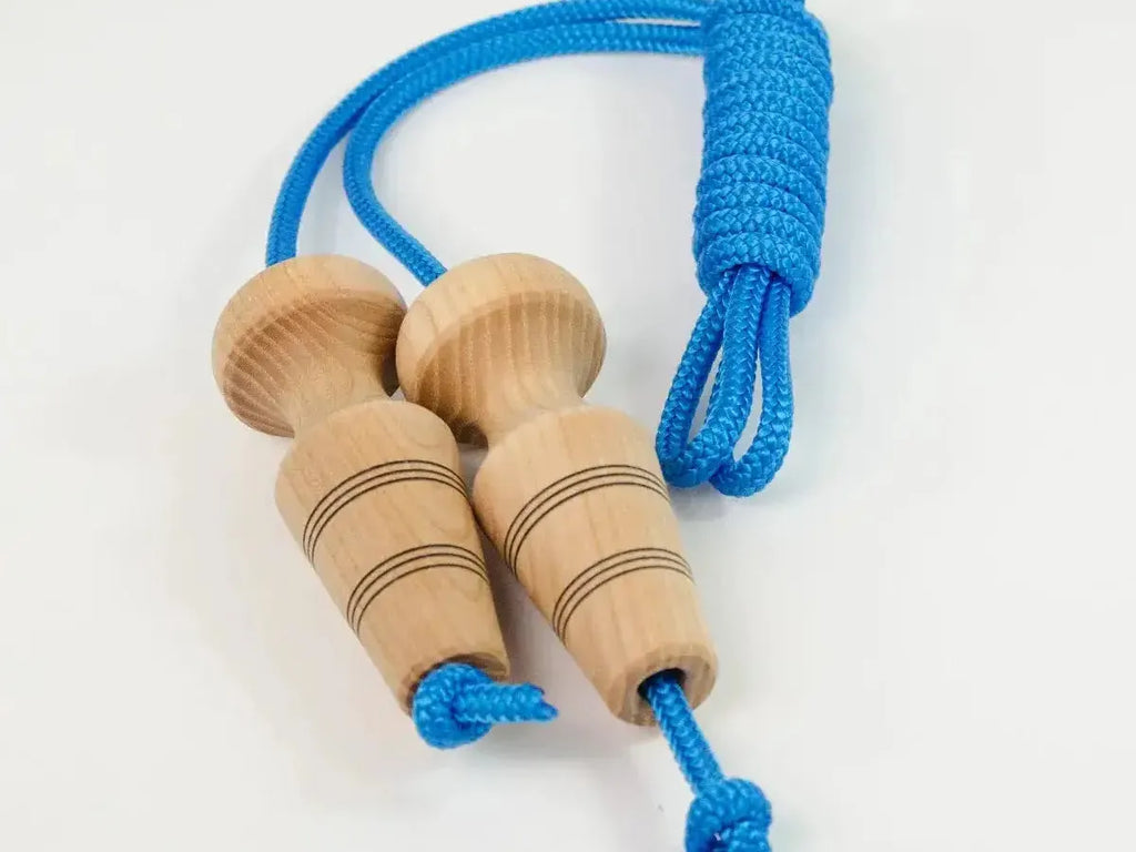 Blue jump rope with wooden handles.