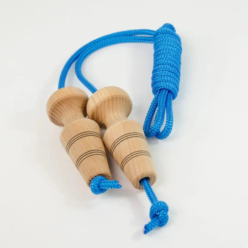 Blue jump rope with wooden handles.