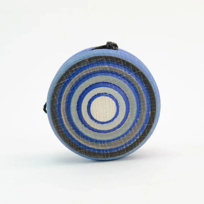 Circular blue and gray spinning top.