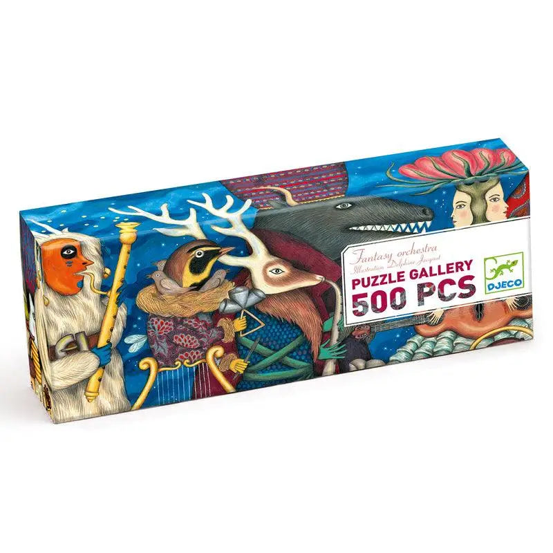 Colorful puzzle box featuring an eclectic collage of animals and nature elements.