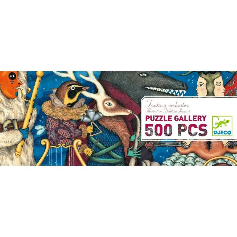 500-piece fantasy-themed puzzle gallery featuring whimsical creatures and characters in a colorful, surreal design.