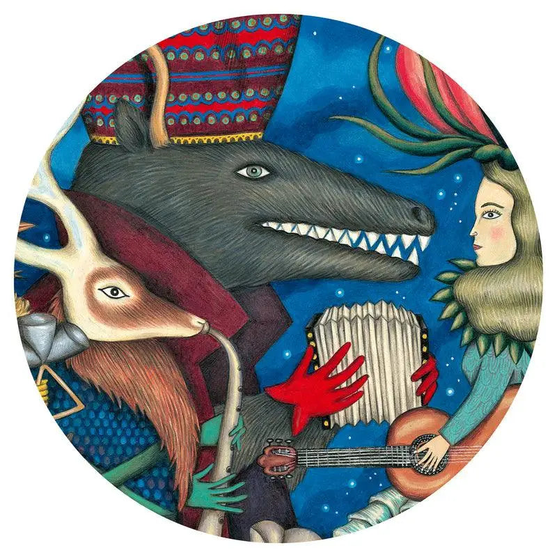 Circular painting depicting a surreal scene with animal and human figures in a vibrant, fantastical style.