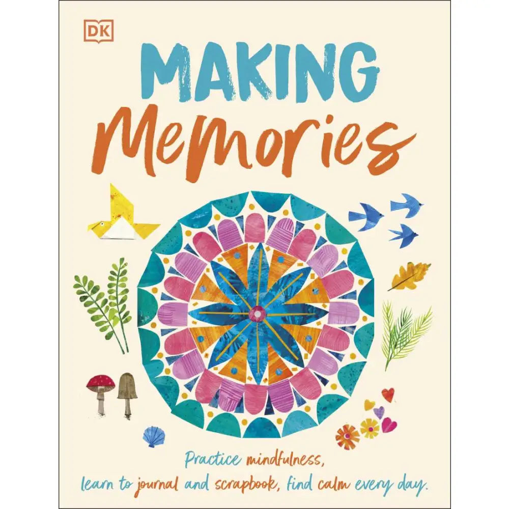 Colorful mandala-like circular design surrounded by nature-inspired illustrations.