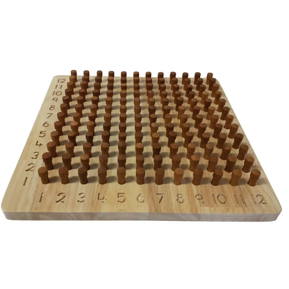 Wooden multiplication board with rows of pegs representing numbers.