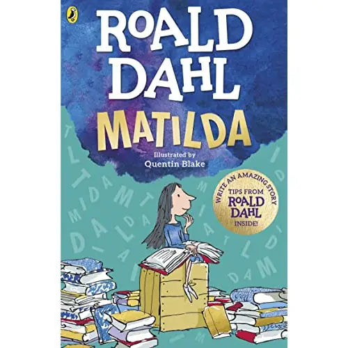 Book cover for Roald Dahl’s ’Matilda’ featuring an illustration of a girl sitting on a stack of books.