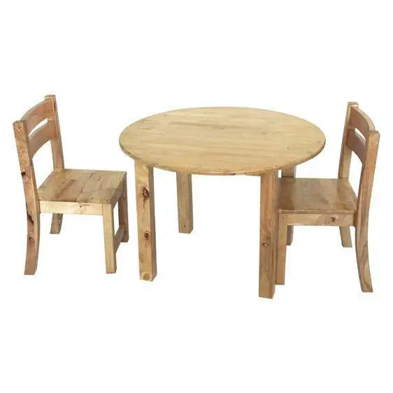 Wooden round table and two chairs.