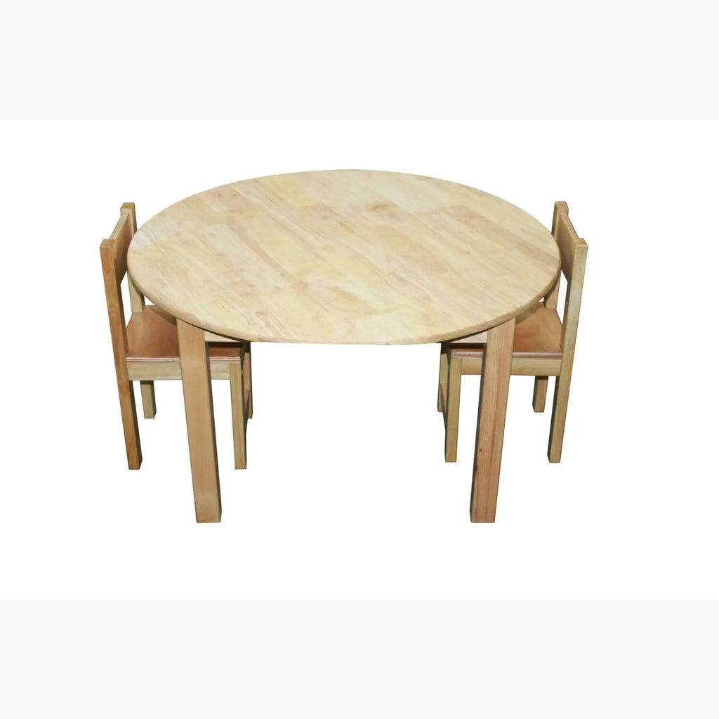 Round wooden table with two chairs.