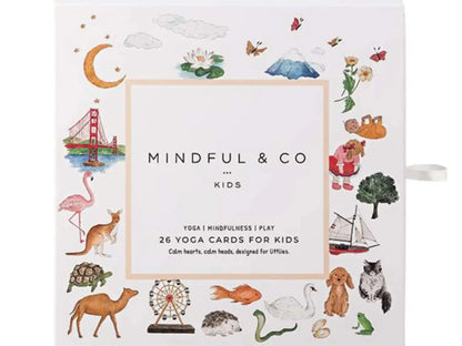 Set of yoga cards for kids featuring colorful illustrations of animals and nature scenes.