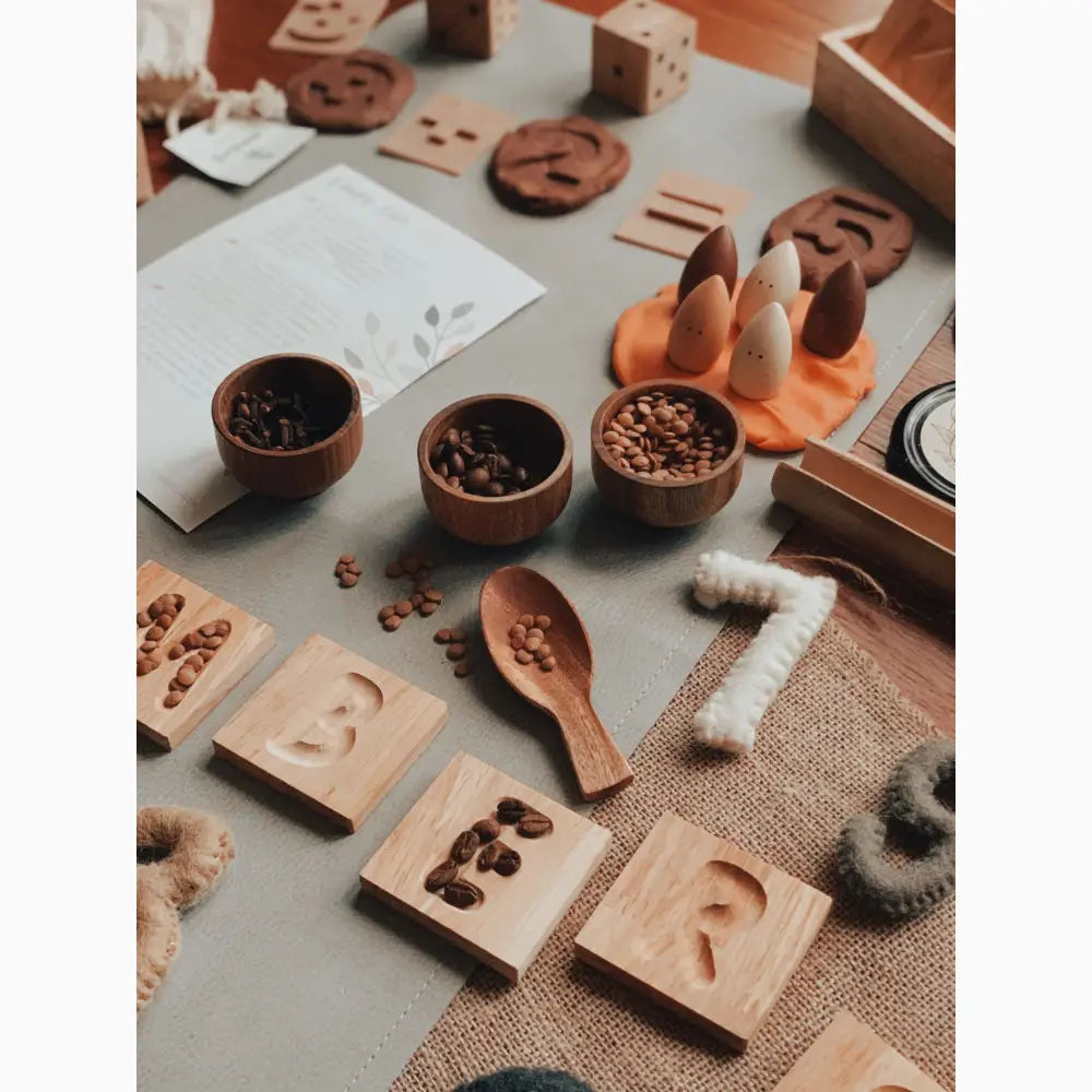 Collection of wooden sensory toys and natural materials for children’s play and learning.