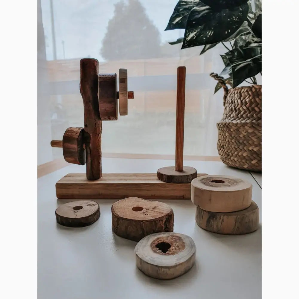 Wooden stacking toy or puzzle with various circular and cylindrical pieces.