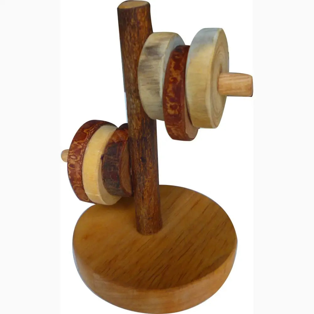 Wooden toy or puzzle with circular discs stacked on vertical pegs attached to a round base.