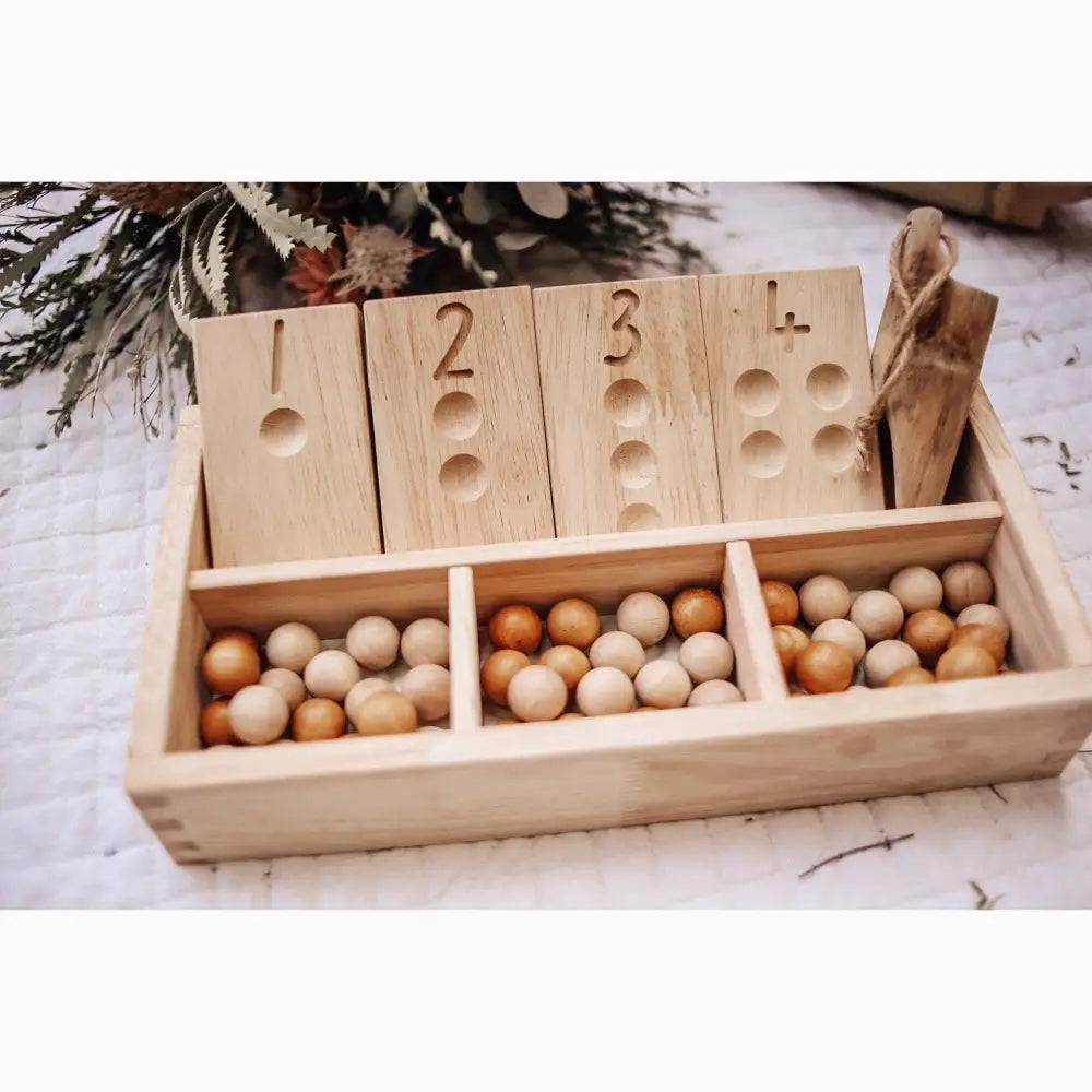 Wooden counting tray with numbered compartments and small eggs.