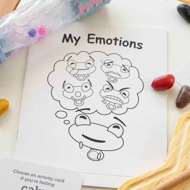 Emotions coloring book with frog illustrations.