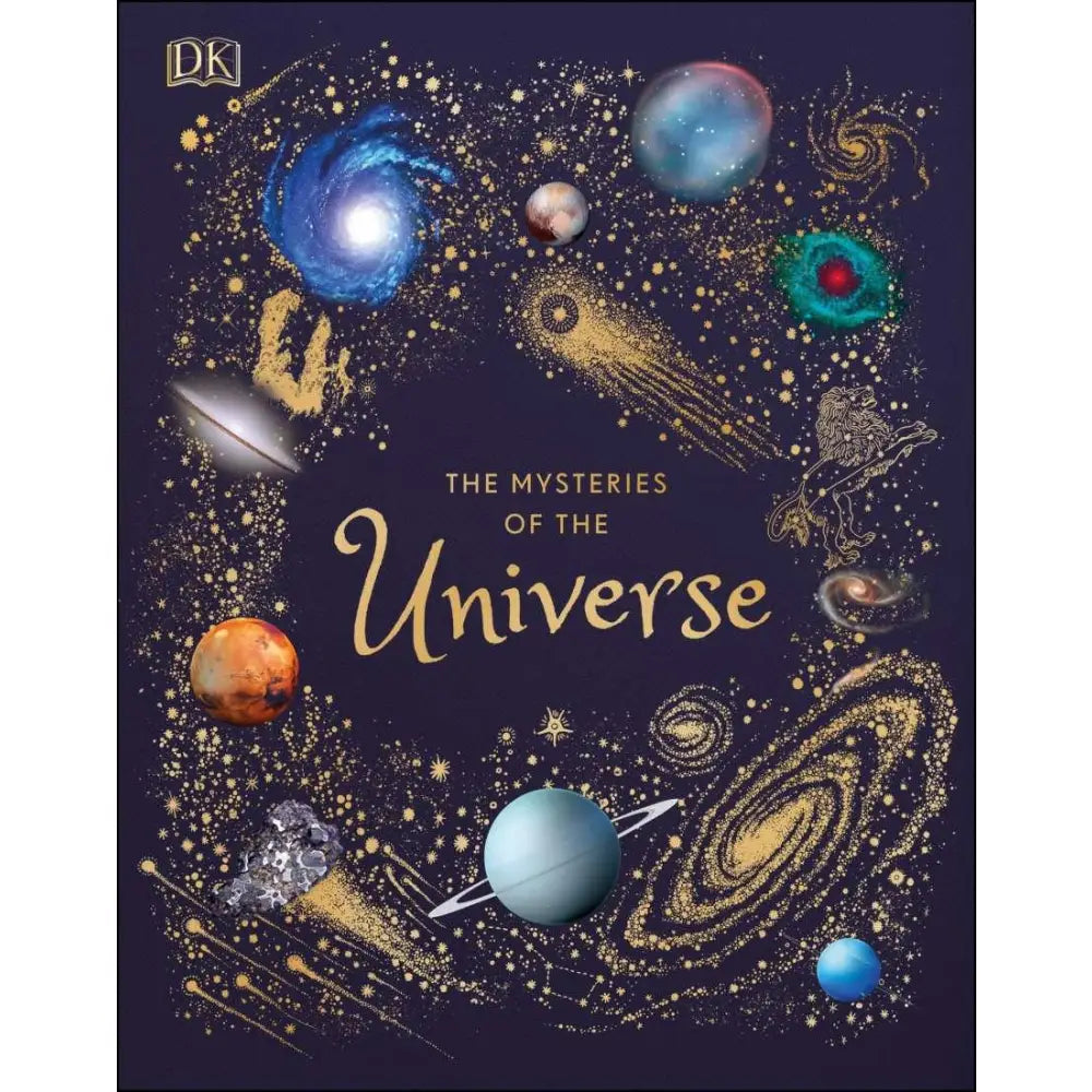 Book cover titled ’The Mysteries of the Universe’ featuring colorful illustrations of planets, galaxies, and cosmic phenomena.